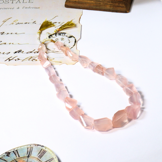 Rose Quartz Handmade short Necklace with snake knot and tassels