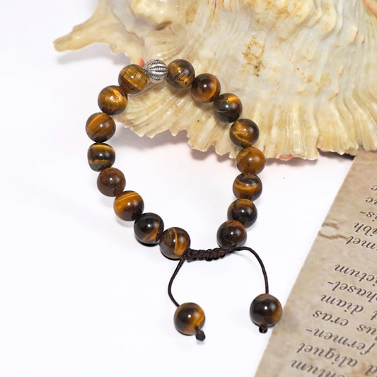 Tiger Eye 10mm beads Bracelet with Sterling Silver bead and Snake knot - Prosperity Crystal